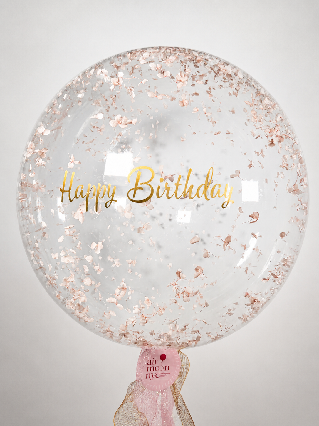 Luxury 24-inch personalized bubble balloon with real dried hydrangea flowers and custom gold lettering by Air Moon NYC