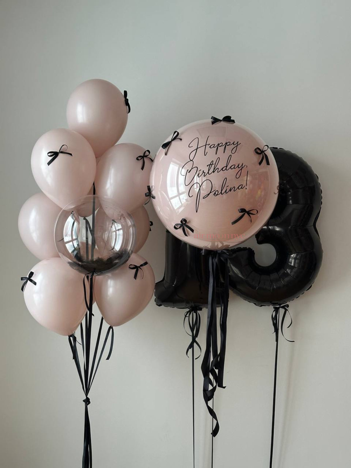 Personalized Birthday Balloon Set NYC | Blush Pink & Black Balloon Bouquet