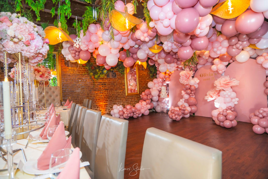 Luxury Sweet 16 Balloon Installation in NYC | Hanging Balloon Garlands