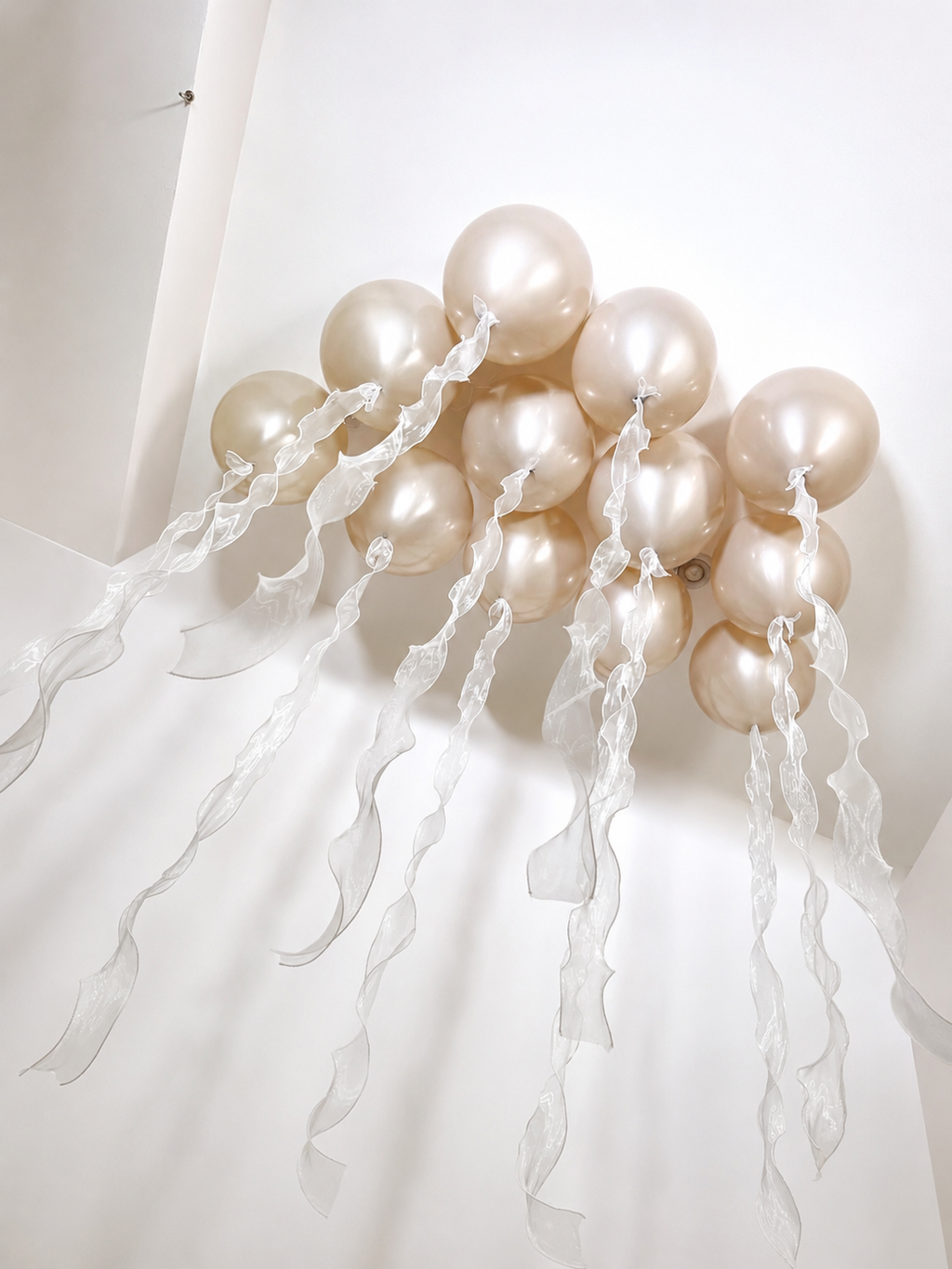 A helium pearl-cream balloons with long, flowing sheer white organza ribbons.
